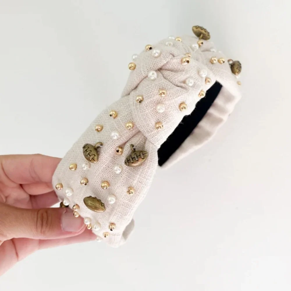 Ronni Blake & Co Football Knotted Headband Women OS Cream Excellent Pearl Charms